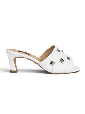 Santorini Lido Nappa Leather Silver Studded White Heels Mule Sandals Size 10